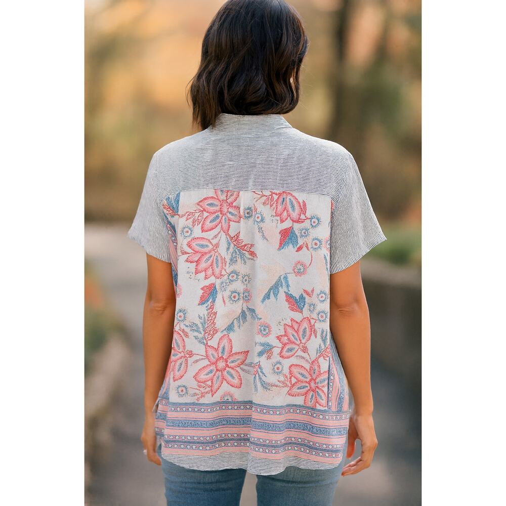 J. Jill SZ S Blue White Striped Cotton Button Front Shirt With Floral Back Panel